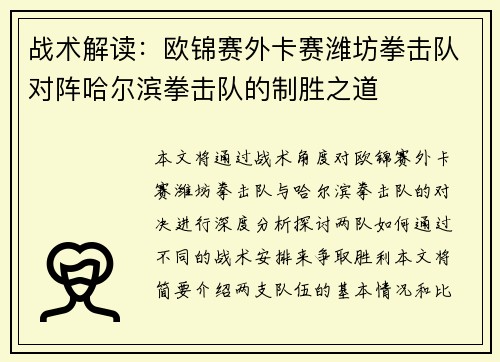 战术解读：欧锦赛外卡赛潍坊拳击队对阵哈尔滨拳击队的制胜之道